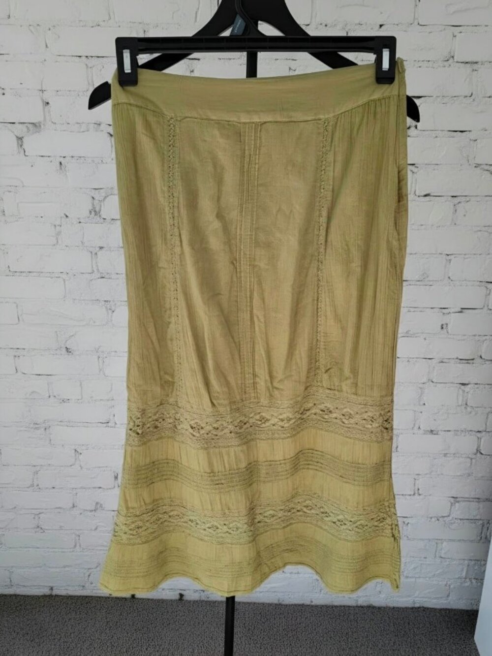 Sundance Sage Green Cotton Maxi Skirt XS Crochet Lace Pintuck Boho
